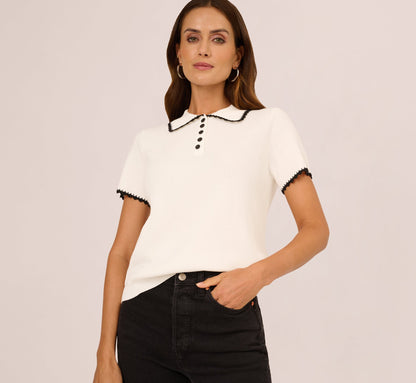 Short Sleeve Scalloped Trim Polo Sweater In Cream Black