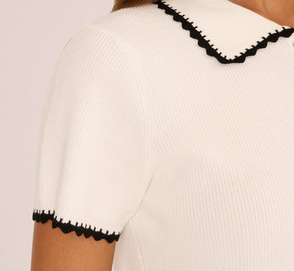 Short Sleeve Scalloped Trim Polo Sweater In Cream Black