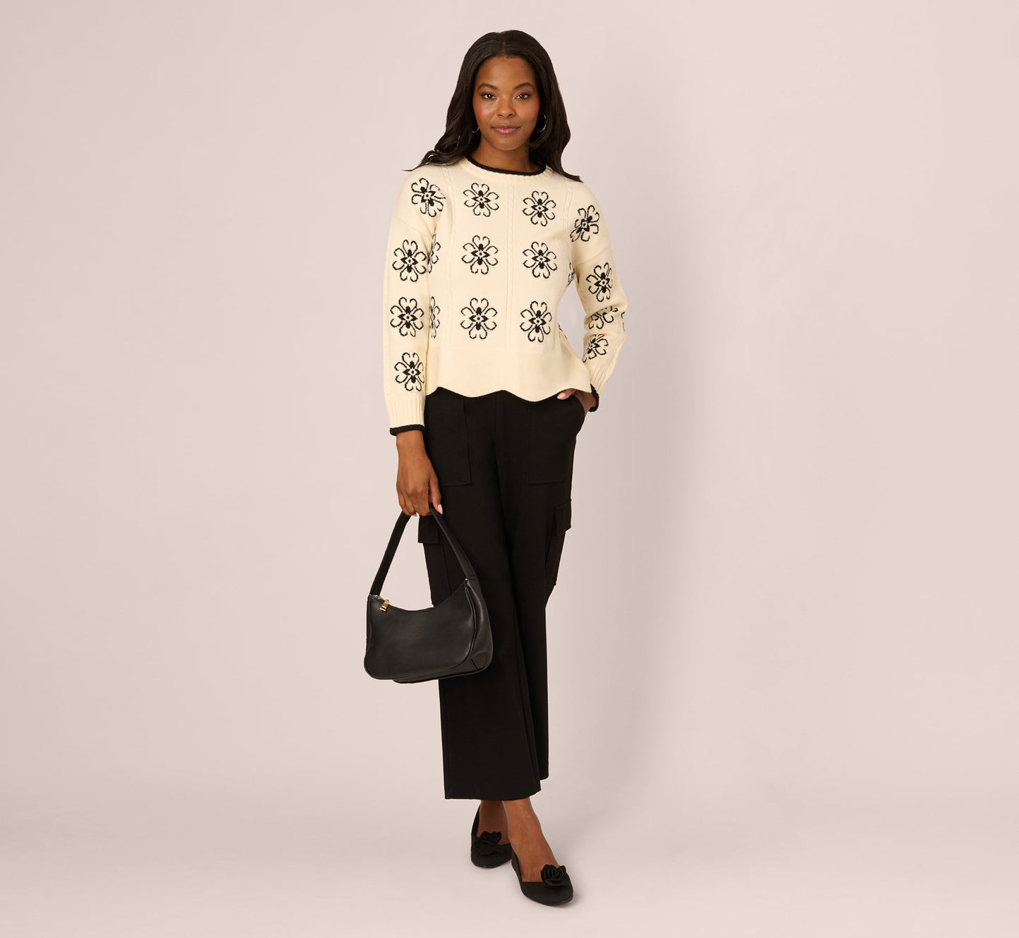 Floral Cable Knit Pullover Sweater In Cream Black