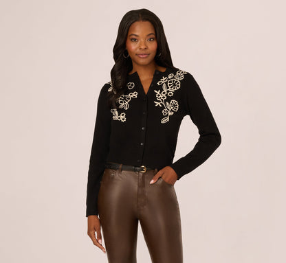 Floral Embroidered Cardigan Sweater In Black Cream