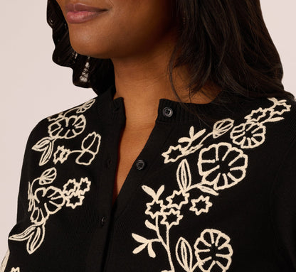 Floral Embroidered Cardigan Sweater In Black Cream