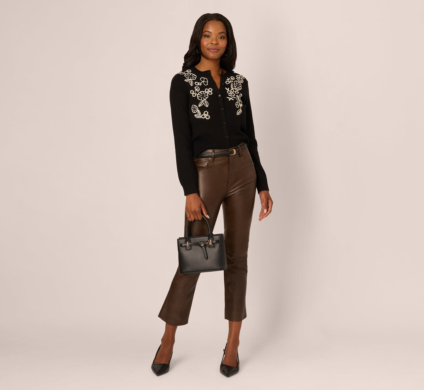 Floral Embroidered Cardigan Sweater In Black Cream