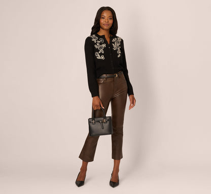 Floral Embroidered Cardigan Sweater In Black Cream