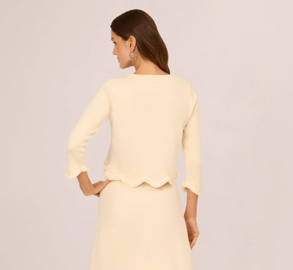 Three Quarter Sleeve Scallop Fringe Sweater In Cream
