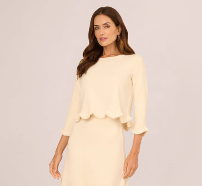 Three Quarter Sleeve Scallop Fringe Sweater In Cream