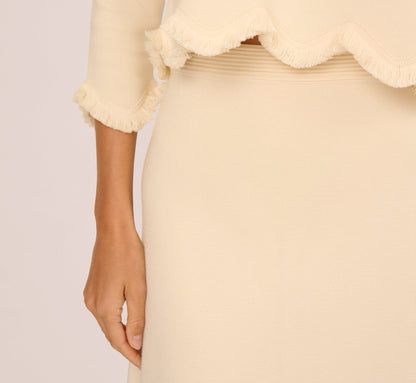 Three Quarter Sleeve Scallop Fringe Sweater In Cream