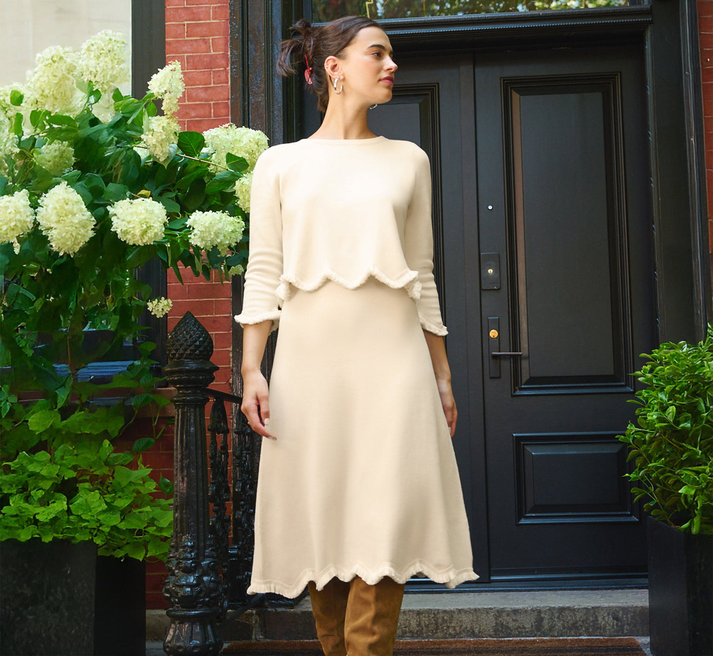 Sweater Knit Scalloped A Line Midi Skirt In Cream