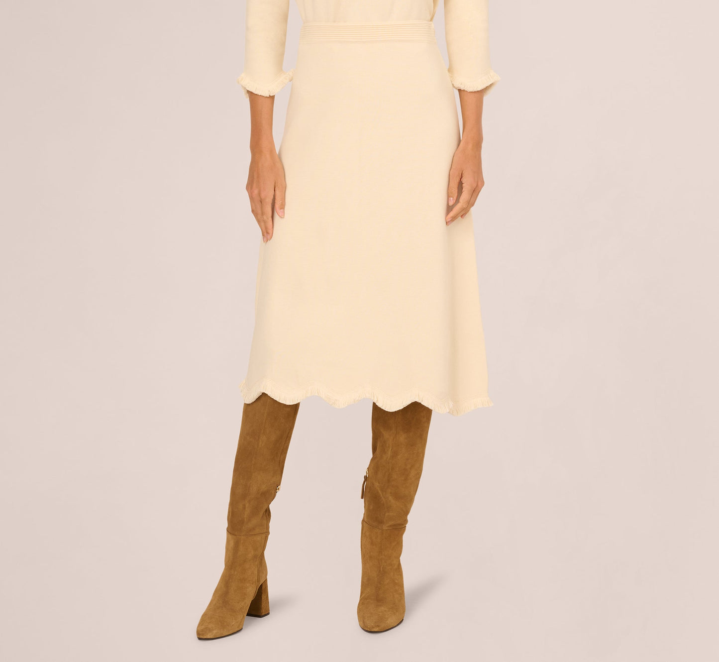 Sweater Knit Scalloped A Line Midi Skirt In Cream