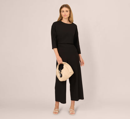 Wide Leg Rib Knit Cropped Pant In Black