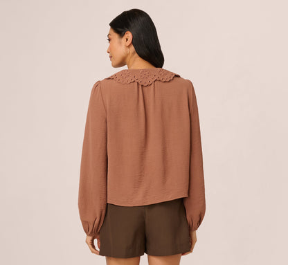 Long Sleeve Embroidered Eyelet Top In Acorn