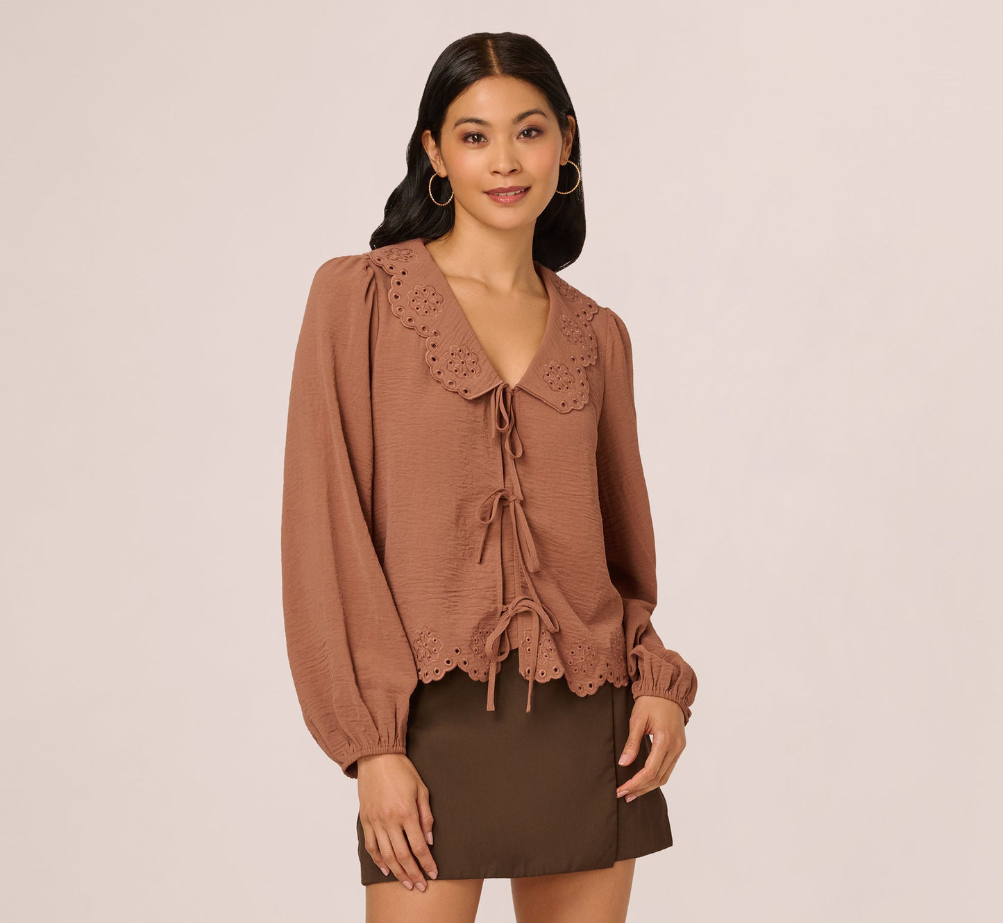 Long Sleeve Embroidered Eyelet Top In Acorn
