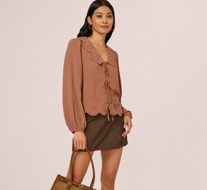 Long Sleeve Embroidered Eyelet Top In Acorn