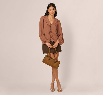 Long Sleeve Embroidered Eyelet Top In Acorn