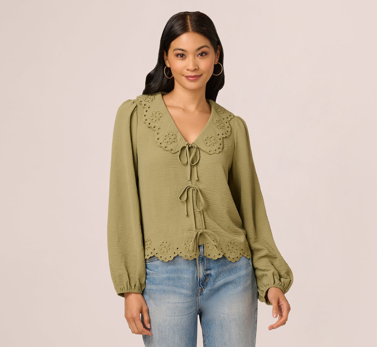 Long Sleeve Embroidered Eyelet Top In Matcha Green