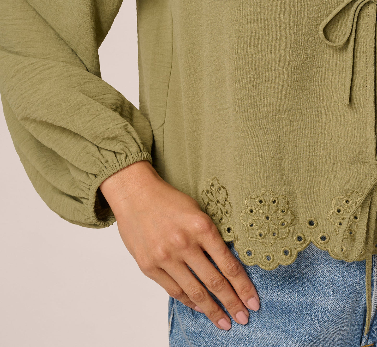 Long Sleeve Embroidered Eyelet Top In Matcha Green
