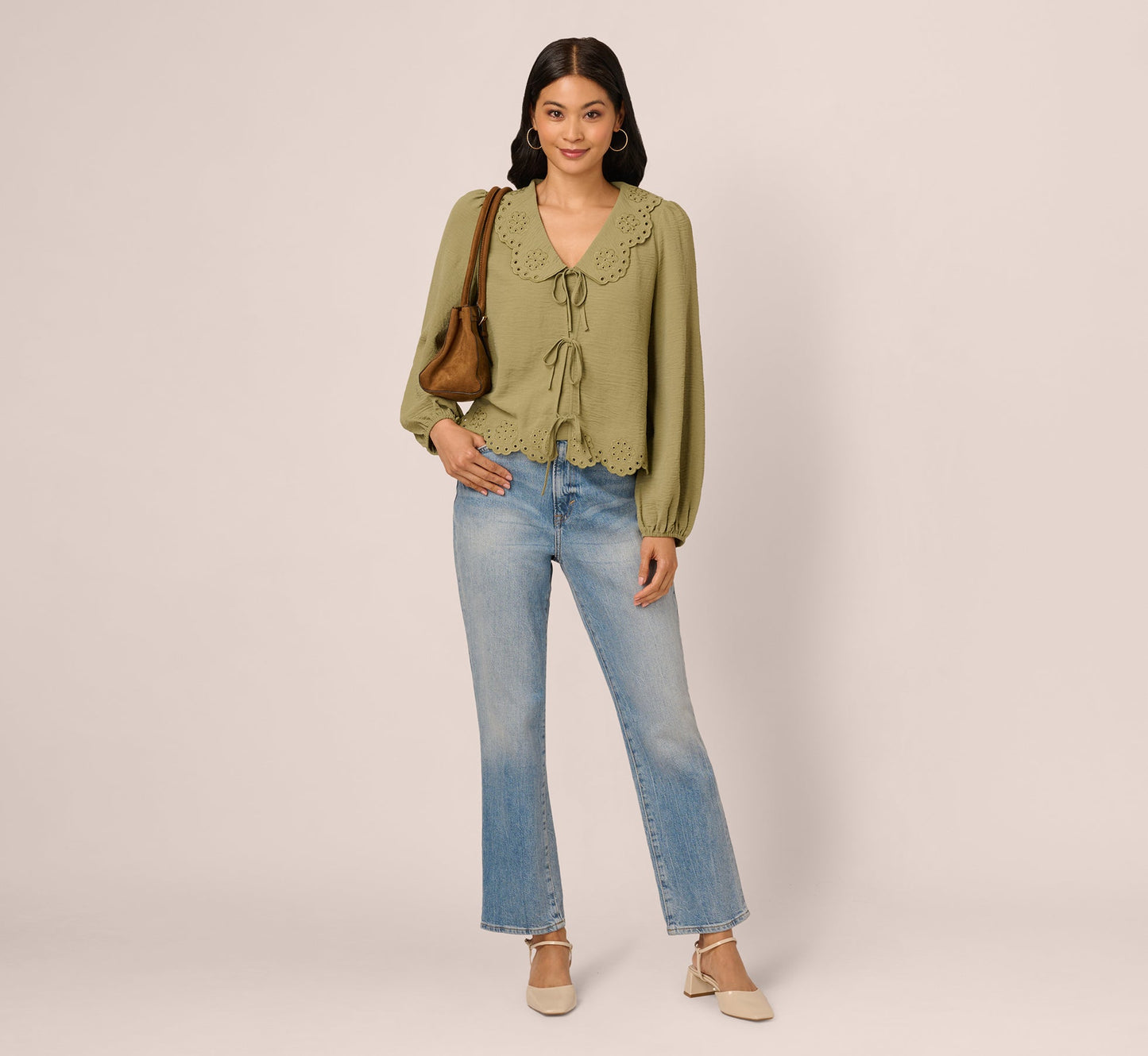 Long Sleeve Embroidered Eyelet Top In Matcha Green