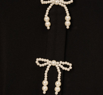 Three Quarter Sleeve Pearly Bow Blouse In Black