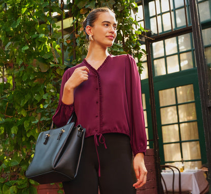 Long Sleeve Silky Buttoned Blouse In Raisin