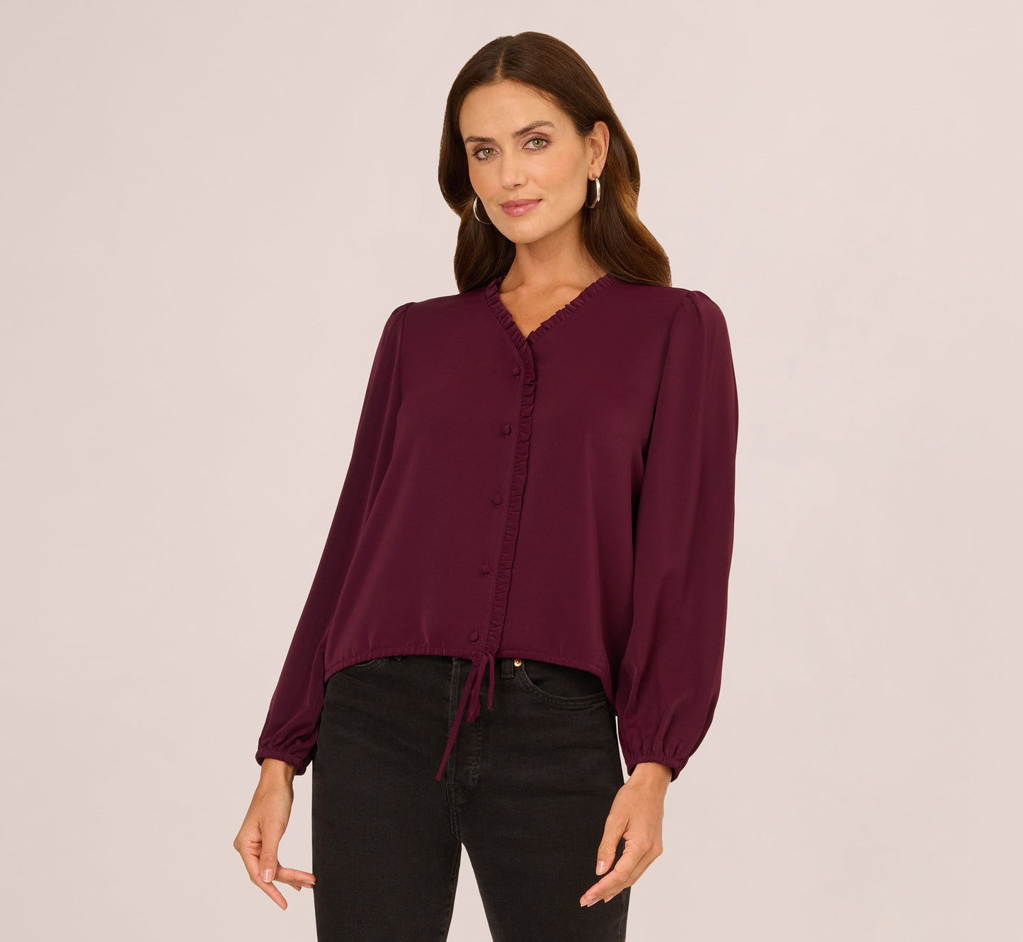 Long Sleeve Silky Buttoned Blouse In Raisin