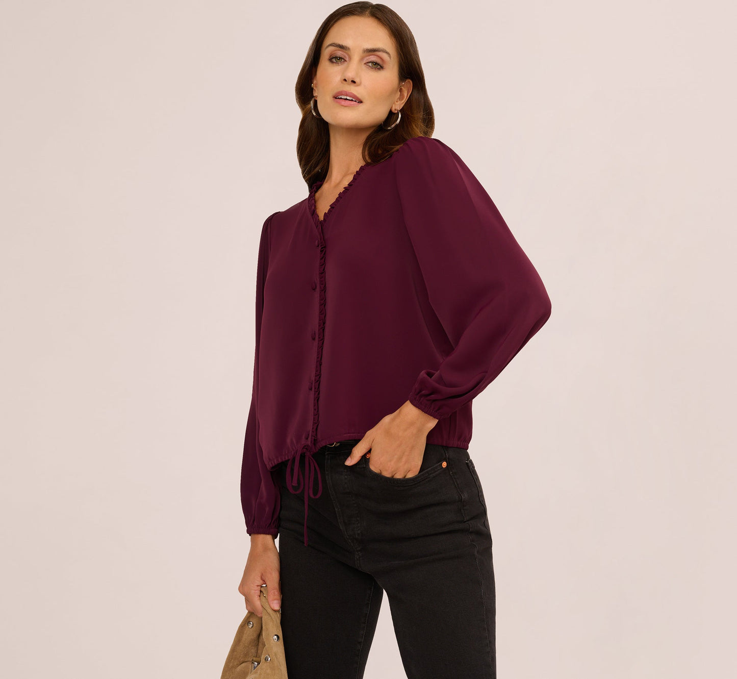 Long Sleeve Silky Buttoned Blouse In Raisin