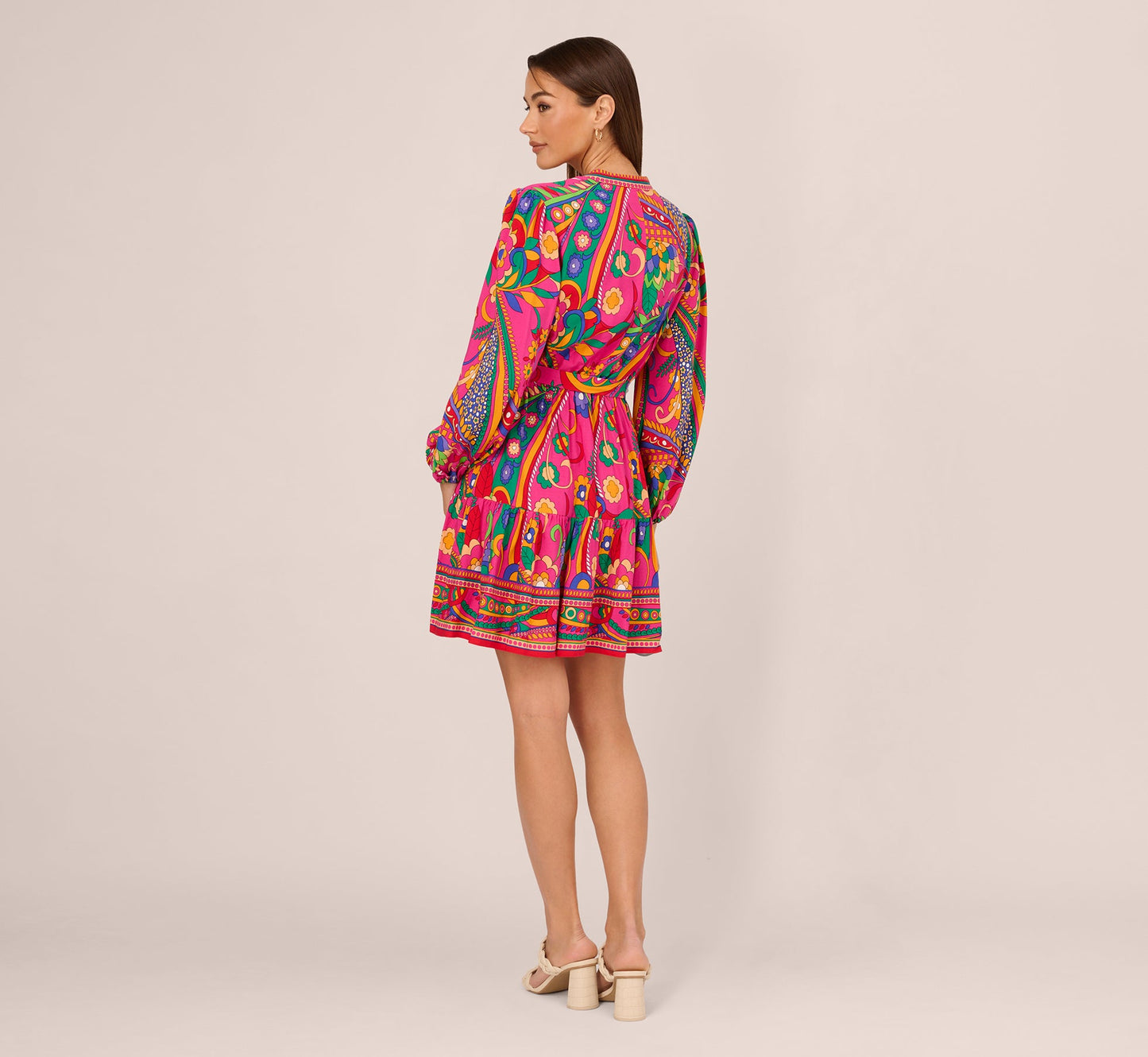 Long Sleeve Retro Printed A Line Dress In Pink Multi