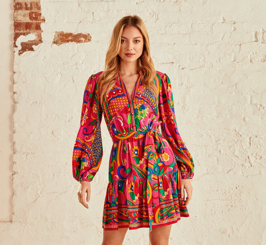 Long Sleeve Retro Printed A Line Dress In Pink Multi