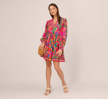 Long Sleeve Retro Printed A Line Dress In Pink Multi