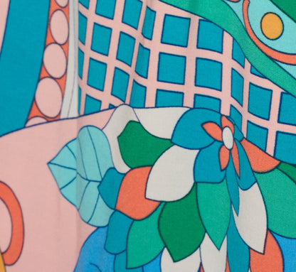 Plus Size Long Sleeve Retro Printed A Line Dress In Peach Multi