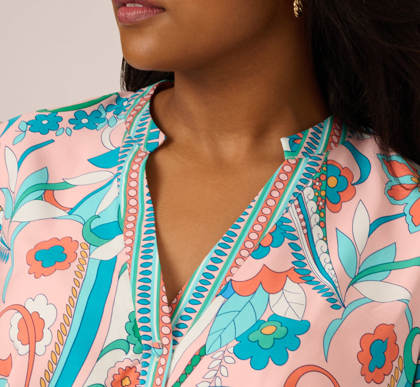 Plus Size Long Sleeve Retro Printed A Line Dress In Peach Multi