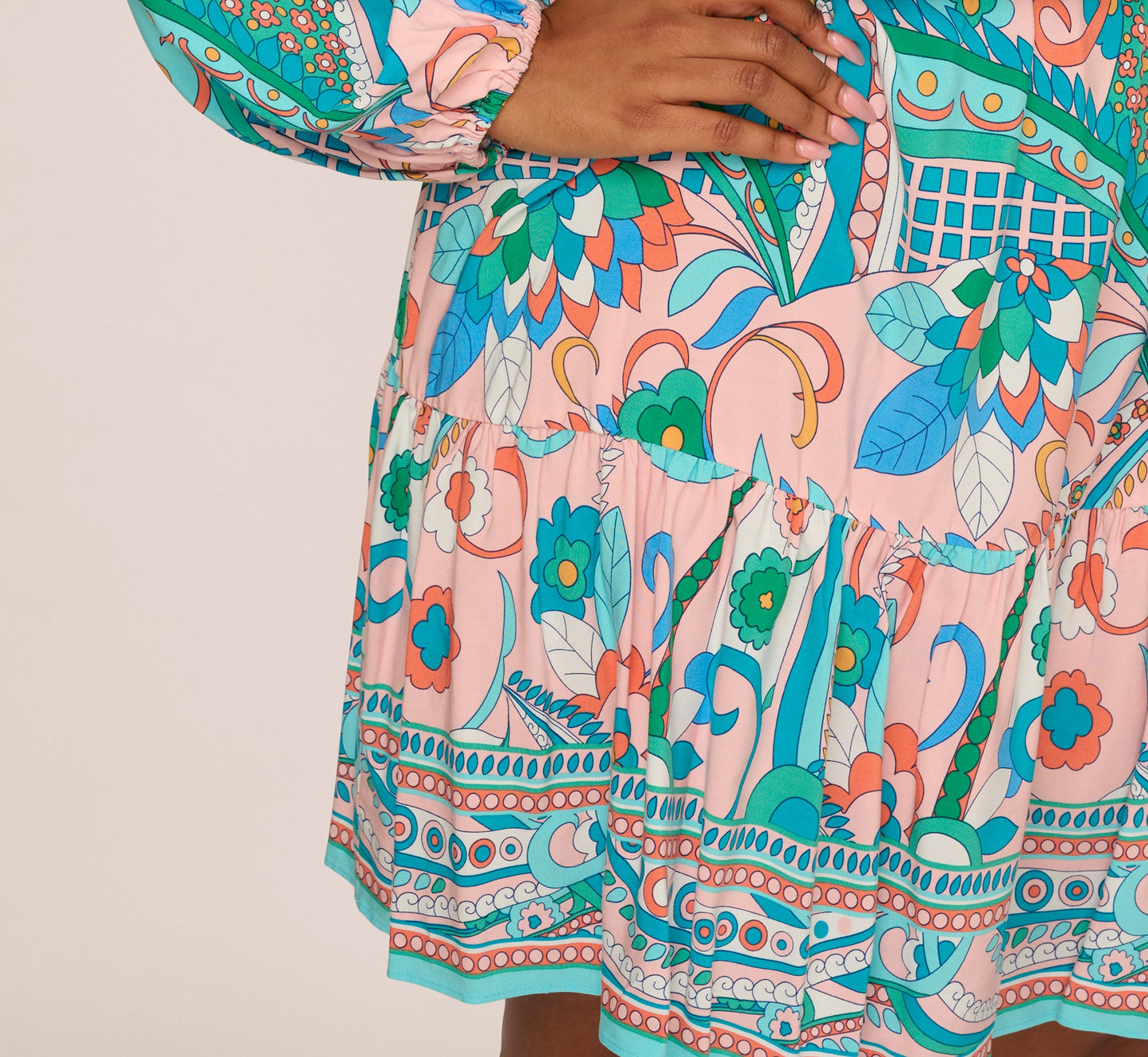 Plus Size Long Sleeve Retro Printed A Line Dress In Peach Multi