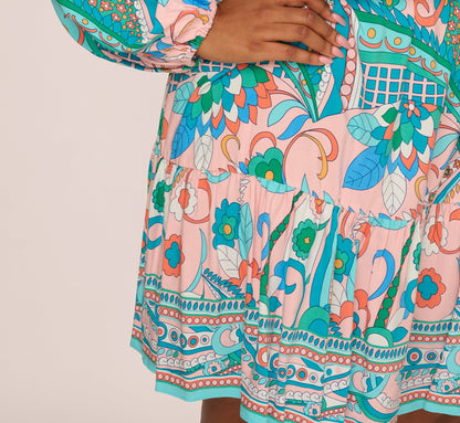 Plus Size Long Sleeve Retro Printed A Line Dress In Peach Multi