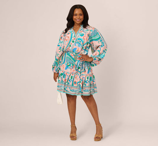 Plus Size Long Sleeve Retro Printed A Line Dress In Peach Multi