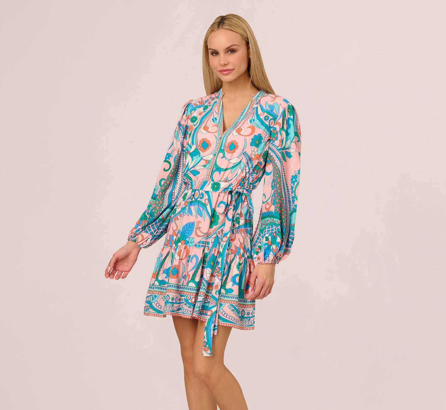 Long Sleeve Retro Printed A Line Dress In Peach Multi