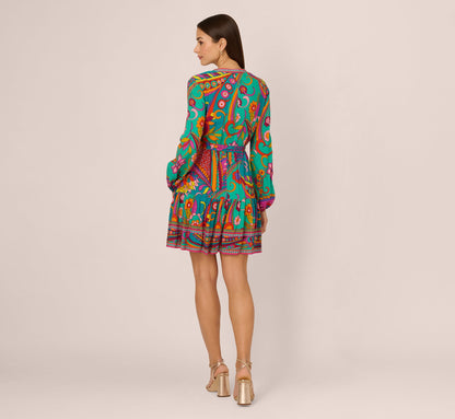 Long Sleeve Retro Printed A Line Dress In Teal Multi