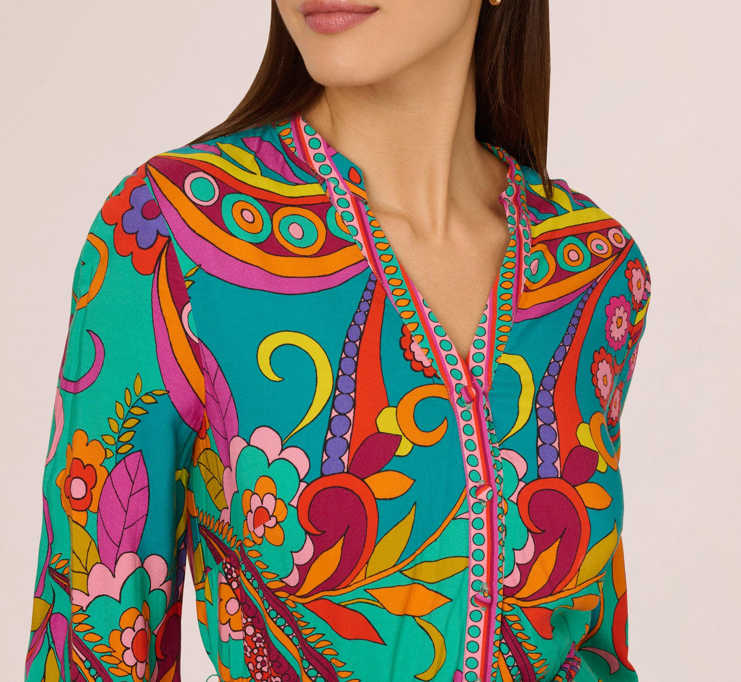 Long Sleeve Retro Printed A Line Dress In Teal Multi