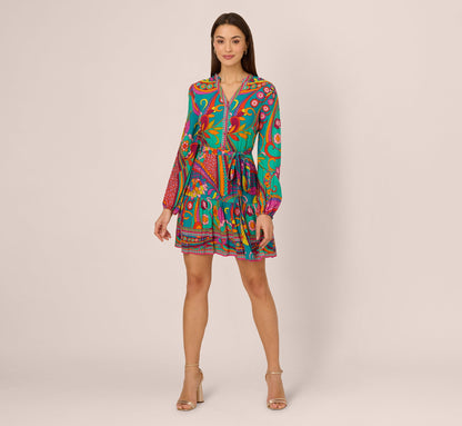 Long Sleeve Retro Printed A Line Dress In Teal Multi