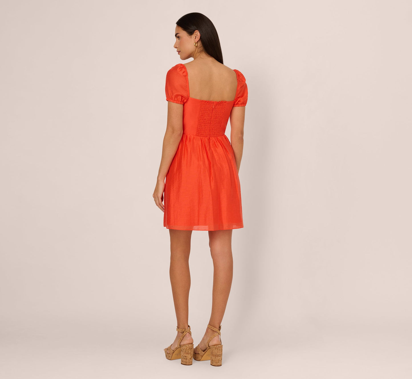 Shirred Fit And Flare Dress With Puff Short Sleeves In Orange Spice