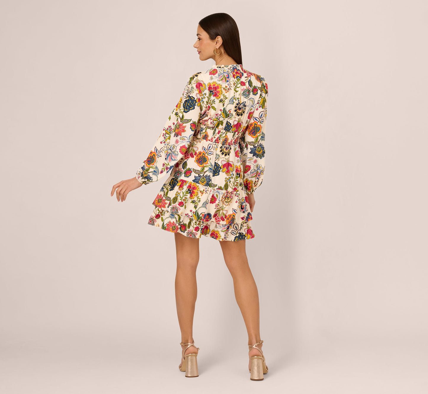 Floral Print Dress With Long Bishop Sleeves In Ecru Multi