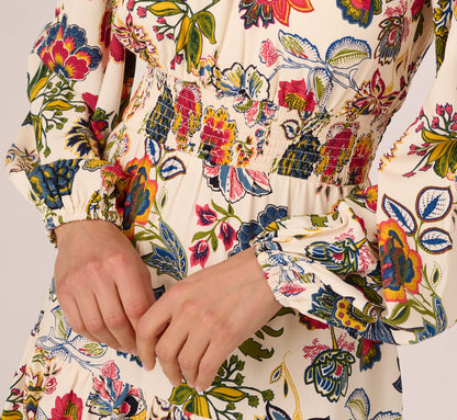 Floral Print Dress With Long Bishop Sleeves In Ecru Multi