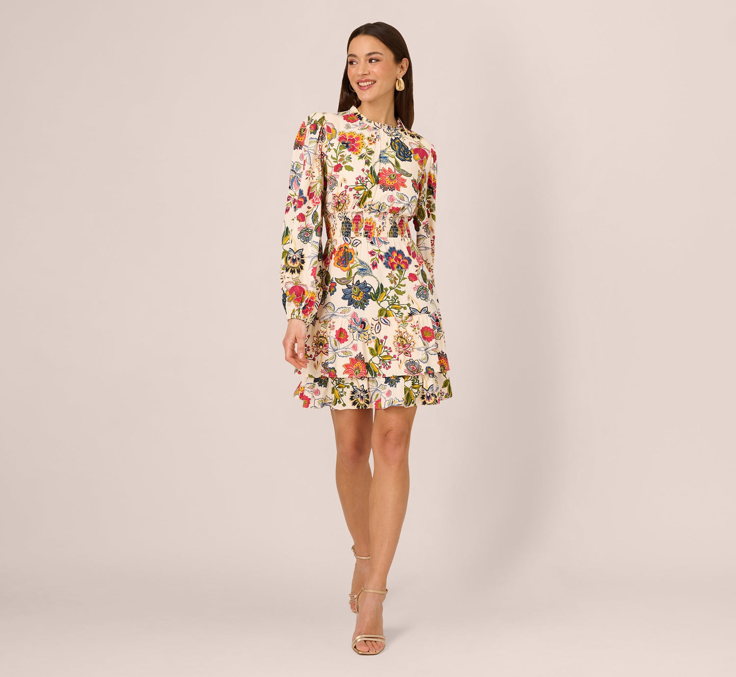 Floral Print Dress With Long Bishop Sleeves In Ecru Multi