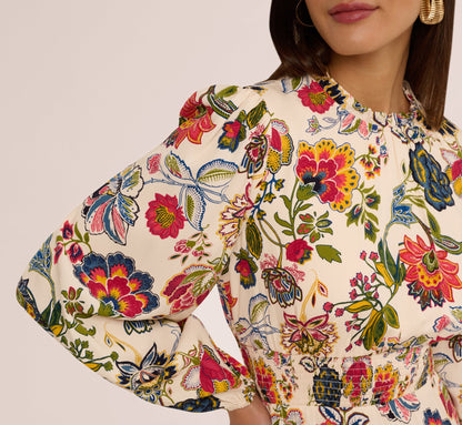 Floral Print Dress With Long Bishop Sleeves In Ecru Multi