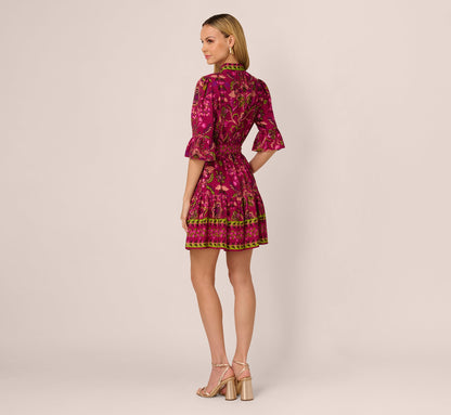 Abstract Print Button Down Dress With Three Quarter Bell Sleeves In Burgundy Multi