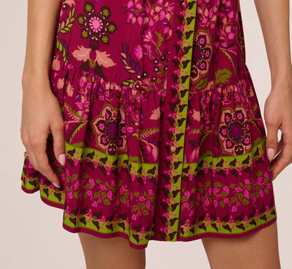 Abstract Print Button Down Dress With Three Quarter Bell Sleeves In Burgundy Multi