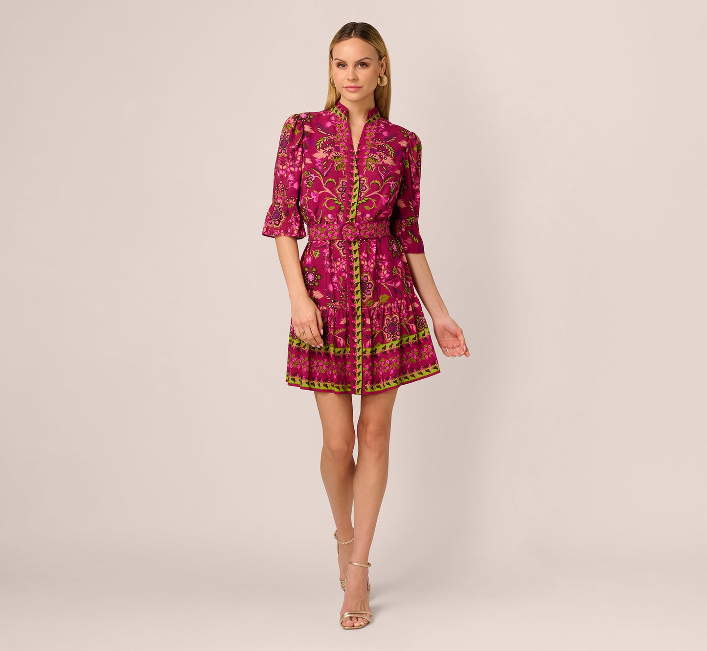 Abstract Print Button Down Dress With Three Quarter Bell Sleeves In Burgundy Multi