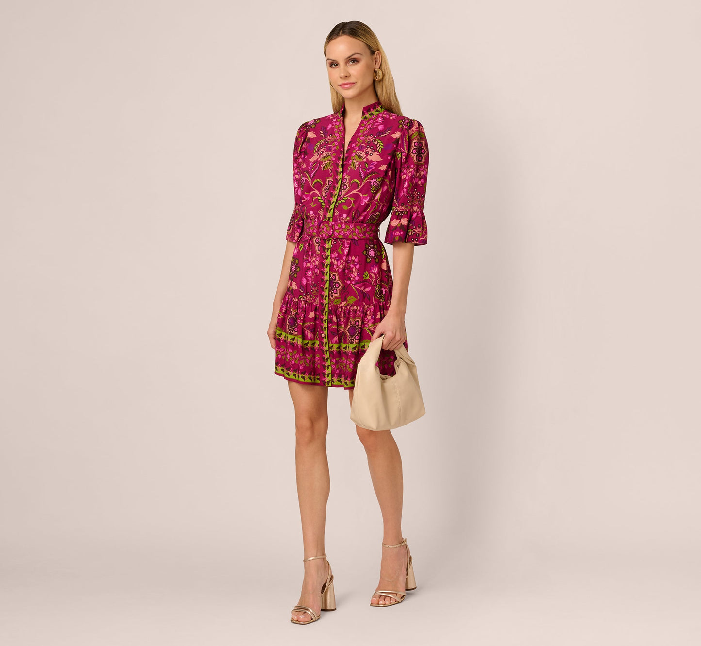 Abstract Print Button Down Dress With Three Quarter Bell Sleeves In Burgundy Multi