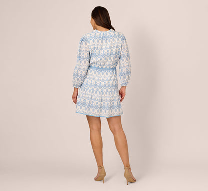 Plus Size Long Sleeve Flounce Eyelet Shirt Dress In Light Blue Ivory