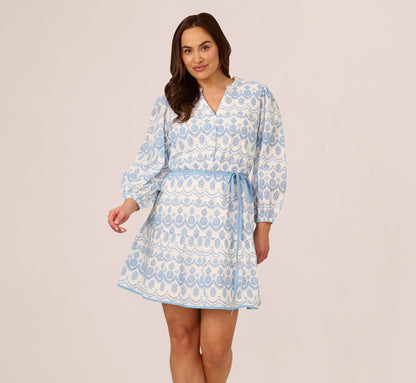 Plus Size Long Sleeve Flounce Eyelet Shirt Dress In Light Blue Ivory