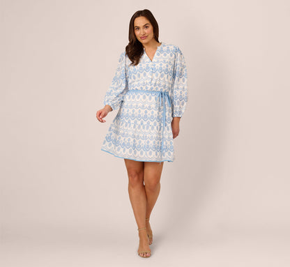 Plus Size Long Sleeve Flounce Eyelet Shirt Dress In Light Blue Ivory