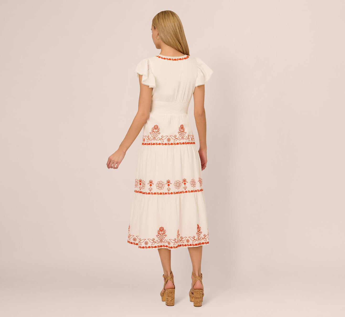 Embroidered Flutter Sleeve Tiered Midi Dress In Ivory Red Multi