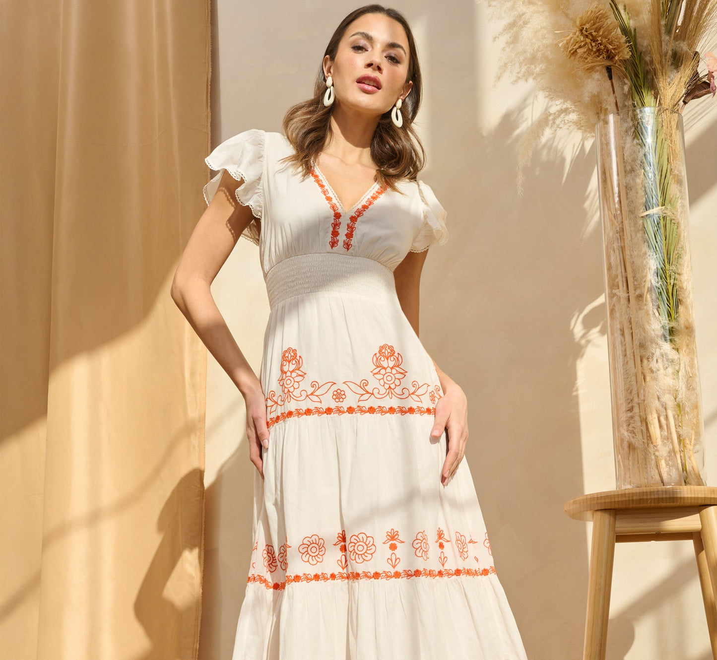 Embroidered Flutter Sleeve Tiered Midi Dress In Ivory Red Multi